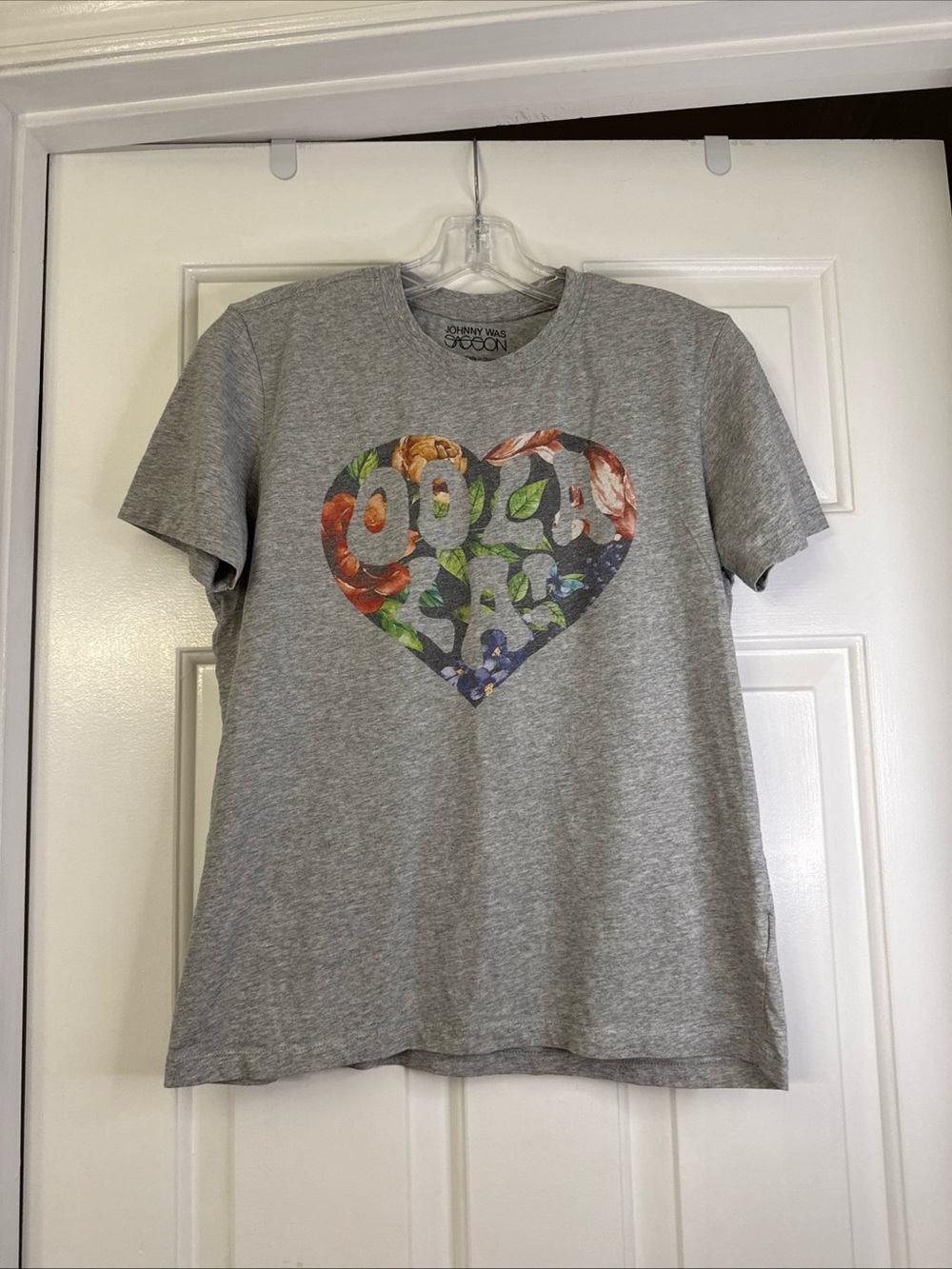 Johnny Was Sasson Graphic Print Heart OOLALA Floral Tee Gray Size S